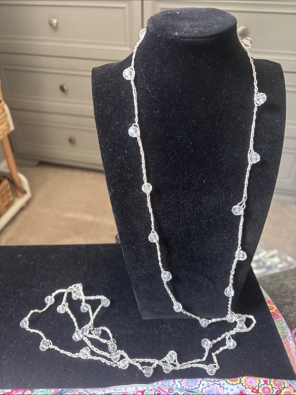 Vintage, single strand long Delicate Silver-Tone Beaded Rope Necklace